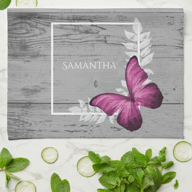 Pink Butterfly Rustic Kitchen Towel (Folded)
