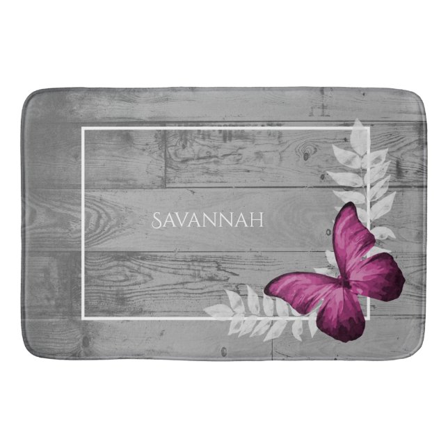 Pink Butterfly Rustic Personalized Bath Mat (Front)