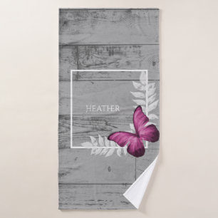 Pink Butterfly Rustic Personalized Bath Towel Set