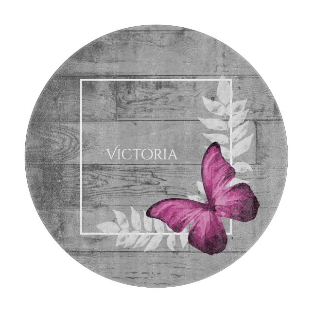 Pink Butterfly Rustic Personalized Cutting Board (Front)