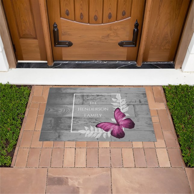 Pink Butterfly Rustic Personalized Doormat (Outdoor)