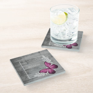 Pink Butterfly Rustic Personalized Glass Coaster