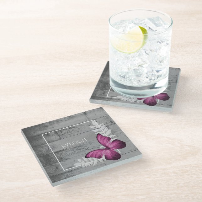 Pink Butterfly Rustic Personalized Glass Coaster (Angled)