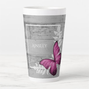 Pink Butterfly Rustic Personalized Latte Mug