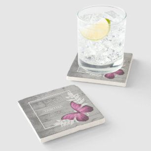 Pink Butterfly Rustic Personalized Stone Coaster