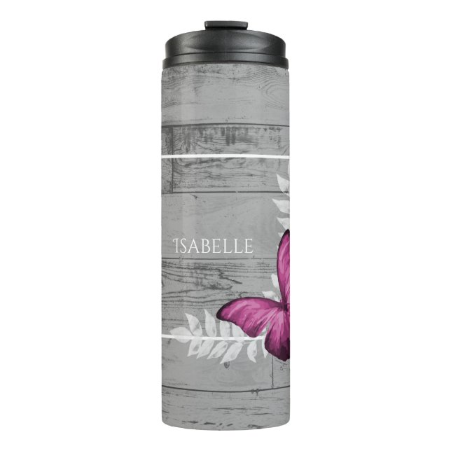 Pink Butterfly Rustic Personalized Thermal Tumbler (Front)