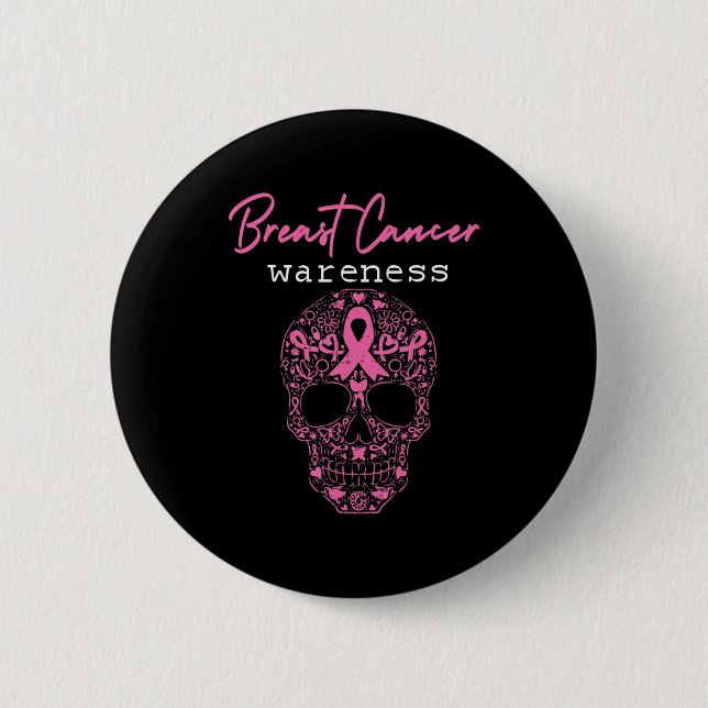 Pink Butterfly Skull Breast Cancer Awareness Hallo 2 Inch Round Button (Front)