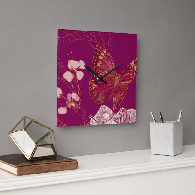 Pink Butterfly Square Wall Clock (Office)