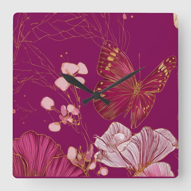 Pink Butterfly Square Wall Clock (Front)