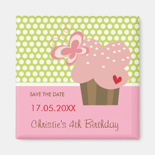 Pink Butterfly Sweet Cupcake Kid's Birthday Party Magnet