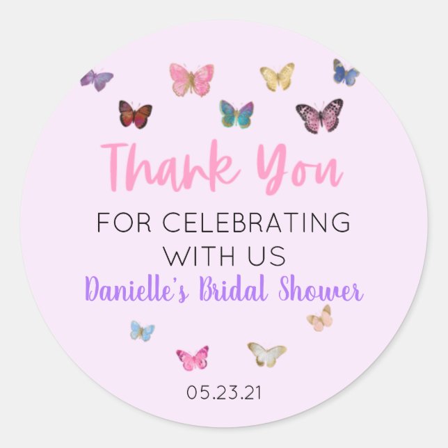 Pink Butterfly Thank You Bridal Shower Favour  Classic Round Sticker (Front)