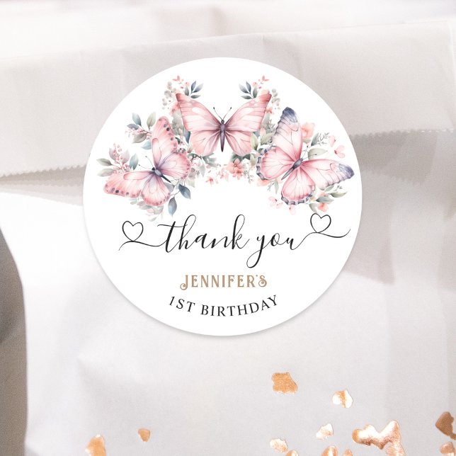 Pink Butterfly Theme 1st Birthday Favour Classic Classic Round Sticker (Creator Uploaded)
