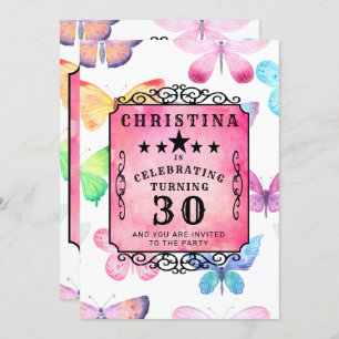 Pink Butterfly Watercolor 30th Birthday Party Invitation
