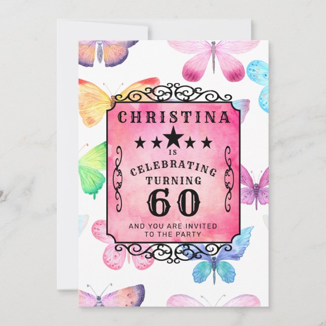 Pink Butterfly Watercolor 60th Birthday Party Invitation (Front)