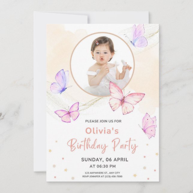 Pink Butterfly Watercolor Birthday  Invitation (Front)