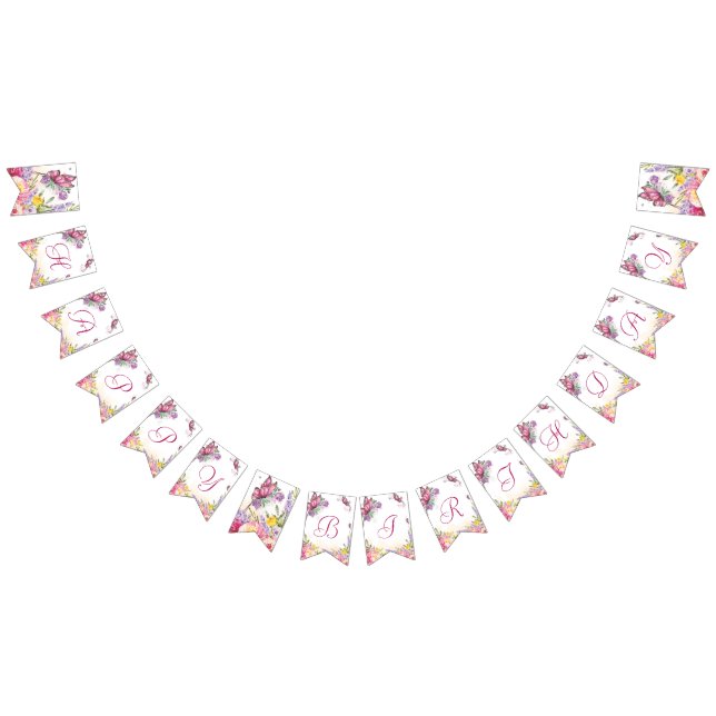 Pink Butterfly Watercolor Floral Birthday Bunting Flags (All)