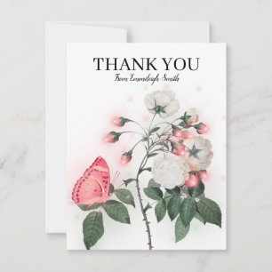 Pink Butterfly White Roses Thank You Card