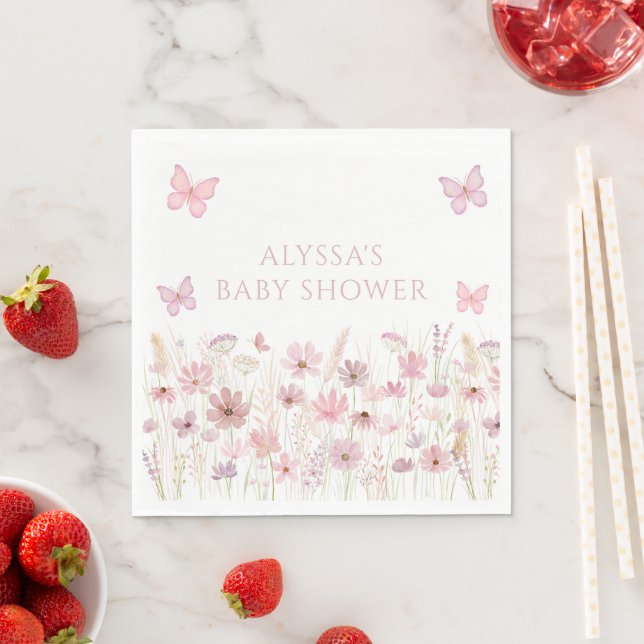 Pink Butterfly Wildflowers Baby Shower Napkin (Insitu)