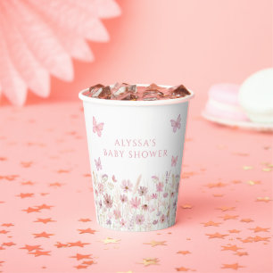 Pink Butterfly Wildflowers Baby Shower Paper Cups