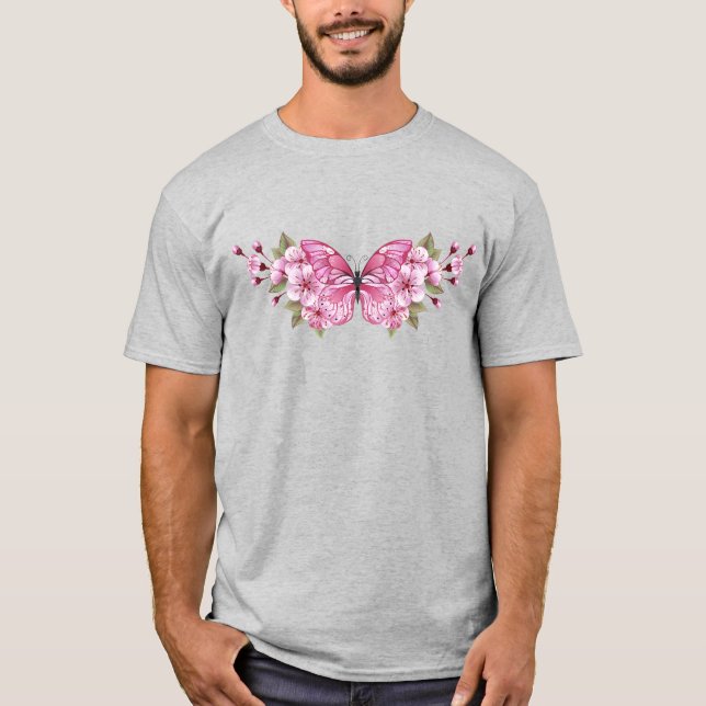 Pink Butterfly with Sakura T-Shirt (Front)