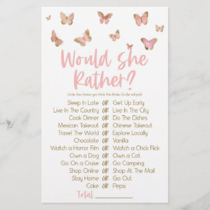 Pink Butterfly Would She Rather Bridal Shower Game Stationery