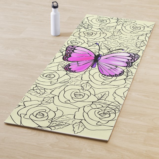 Pink Butterfly Yoga Mat with Roses - Custom Colour (In Situ)