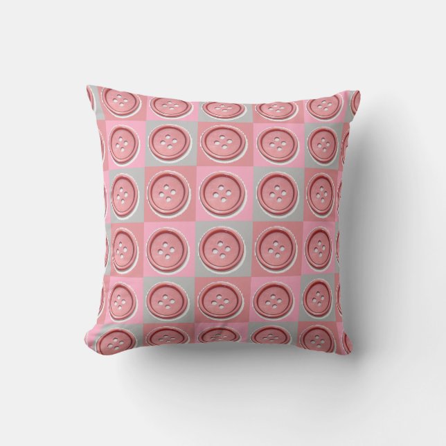 Pink Buttons and Checked Pattern Throw Pillow (Front)