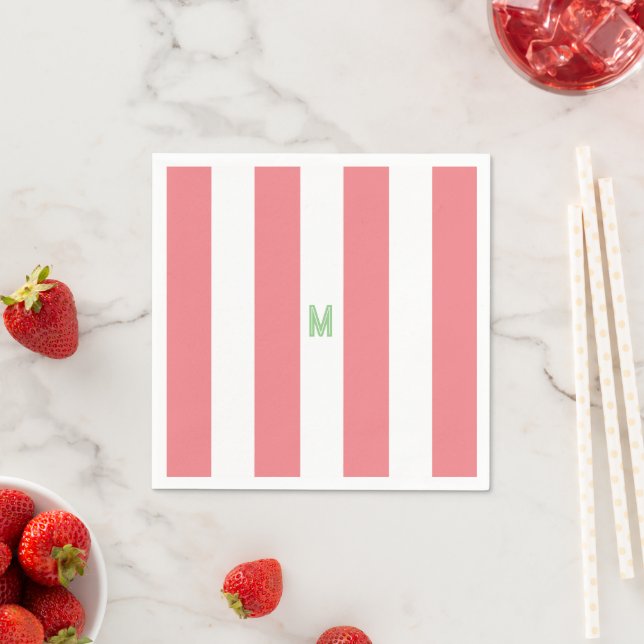 Pink Cabana Stripe & Personalized Green Monogram Napkin (Insitu)