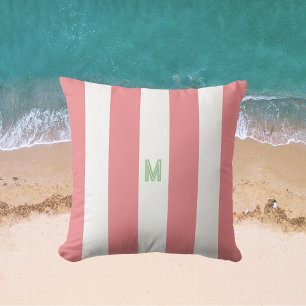 Pink Cabana Stripe & Personalized Green Monogram Outdoor Pillow