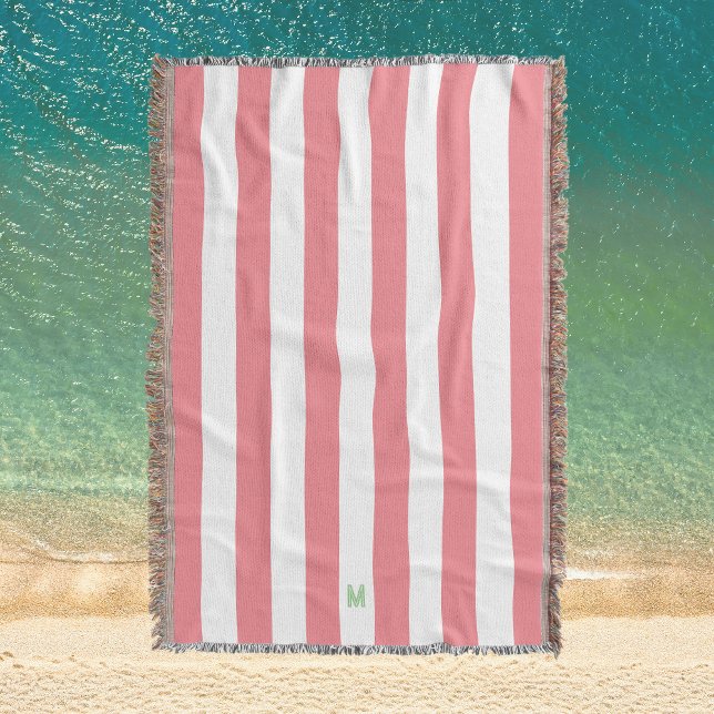 Pink Cabana Stripe & Personalized Green Monogram Throw Blanket (Creator Uploaded)