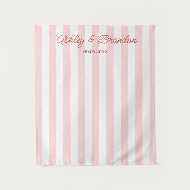 Pink Cabana Stripe Personalized Wedding Tapestry (Front)