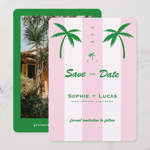 Pink Cabana Stripes Palm Tree Monogram Wedding Save The Date