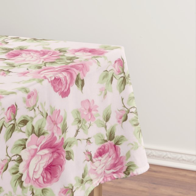 Pink Cabbage Rose Cottagecore Tablecloth (In Situ)