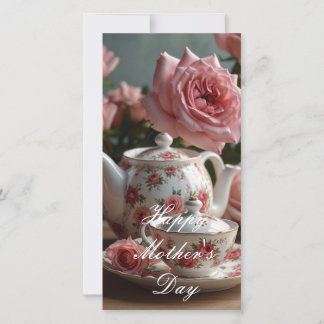 Pink Cabbage Rose Tea Holiday Card