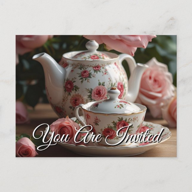 Pink Cabbage Rose Tea  Invitation Postcard (Front)
