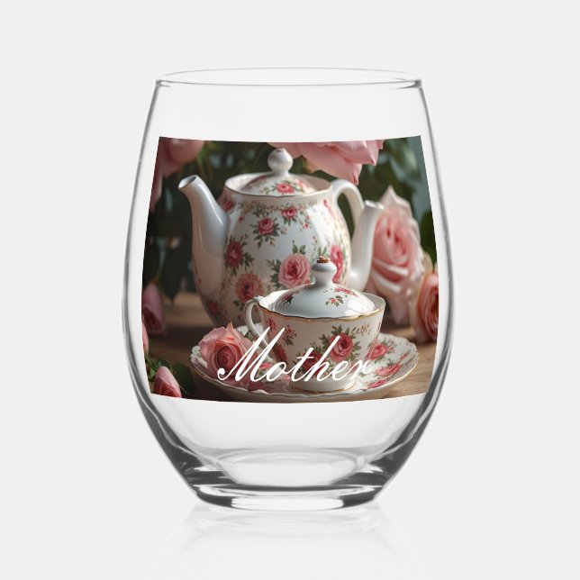 Pink Cabbage Rose Tea Stemless Wine Glass (Front)