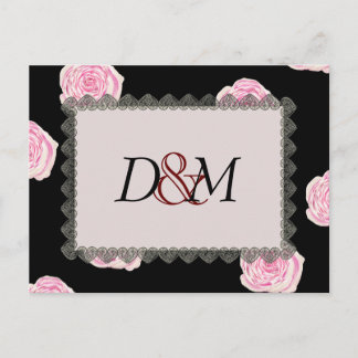 Pink Cabbage Roses and Black Lace Wedding Announcement Postcard