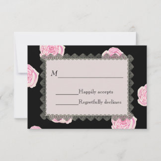 Pink Cabbage Roses and Black Lace Wedding RSVP Card