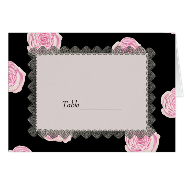 Pink Cabbage Roses & Black Lace Wedding Place Card (Front Horizontal)