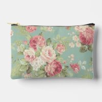 Pink cabbage roses on aqua background