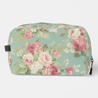 Pink cabbage roses on aqua background dopp kit
