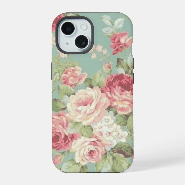 Pink cabbage roses on aqua background iPhone 15 case (Back)