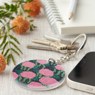 Pink Cabbage Roses Stone Keychain