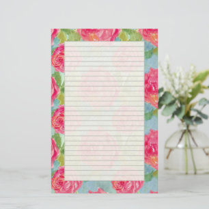 Pink Cabbage Roses Watercolor Letter Writing Stationery