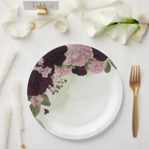 pink & cabernet flowers greenery paper plate
