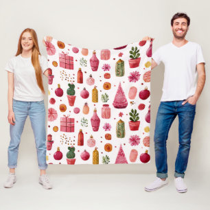 Pink Cactus Christmas Ornaments Pattern Fleece Blanket