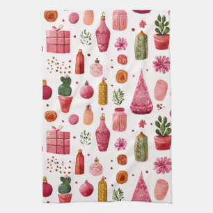 Pink Cactus Christmas Ornaments Pattern Kitchen Towel