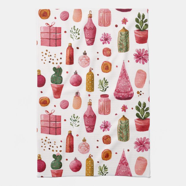 Pink Cactus Christmas Ornaments Pattern Kitchen Towel (Vertical)