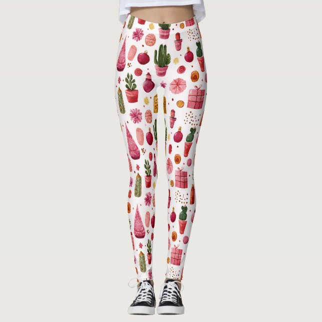 Pink Cactus Christmas Ornaments Pattern Leggings (Front)