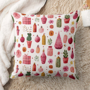 Pink Cactus Christmas Ornaments Pattern Throw Pillow